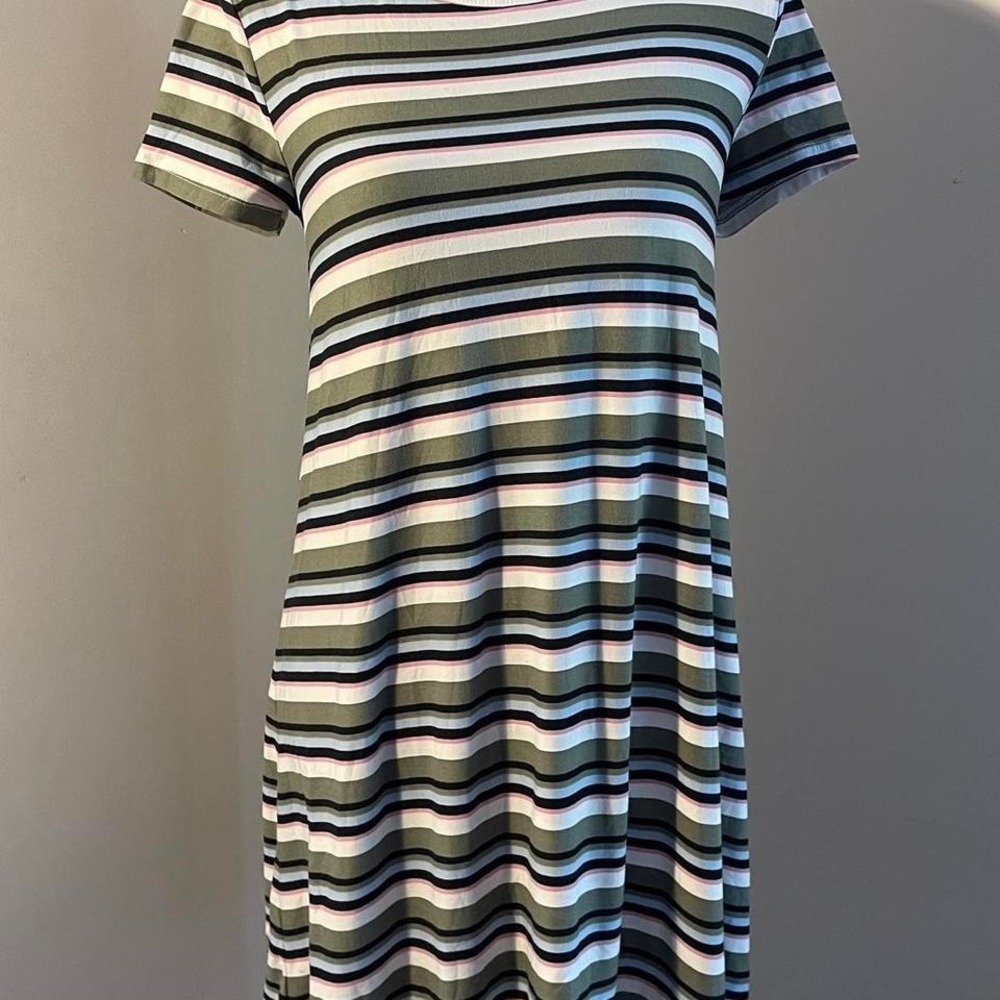 Green and white striped multicolor short sleeve A-line dress with lace up